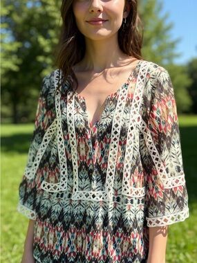 Daniel Rainn Multicolor Ikat Lace-Trim Peasant Tunic - Cream, Black, Pink